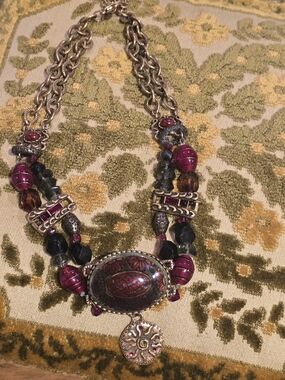Chico's Burgundy and Black Beaded Statement Necklace